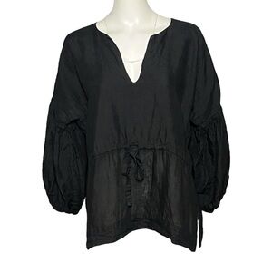 NARY Lounge Top Resortwear Linen Black Tunic Boxy Long Sleeve Lagenlook Size L